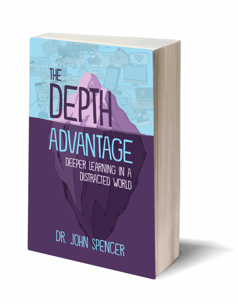 3D mockup of a paperback book titled The Depth Advantage: Deeper Learning in a Distracted World by Dr. John Spencer. The cover features a large purple iceberg with the title partially submerged, symbolizing depth beneath the surface. The top half of the image has a bright blue background filled with icons representing distractions—smartphones, laptops, social media, and gaming devices—sketched in a hand-drawn style. The color scheme is primarily purple, blue, and pink, creating a contrast between noise and focus.